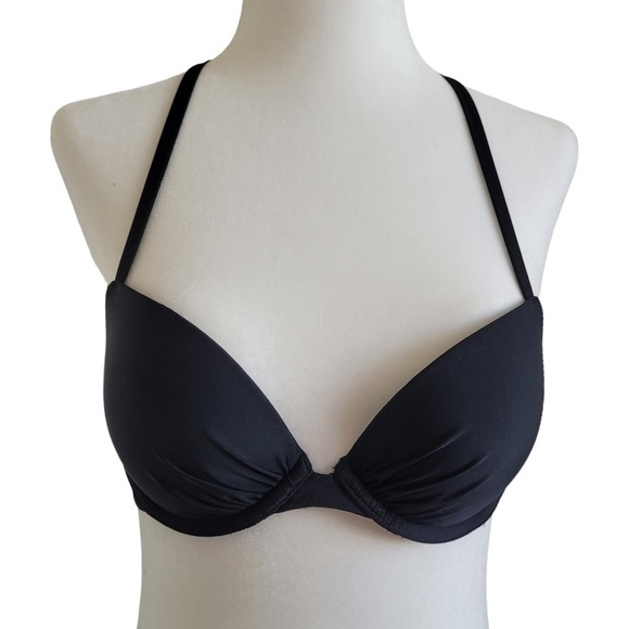 Aerie Perkier Push Up metal ring embellished bikini top black 32B - Picture 2 of 14